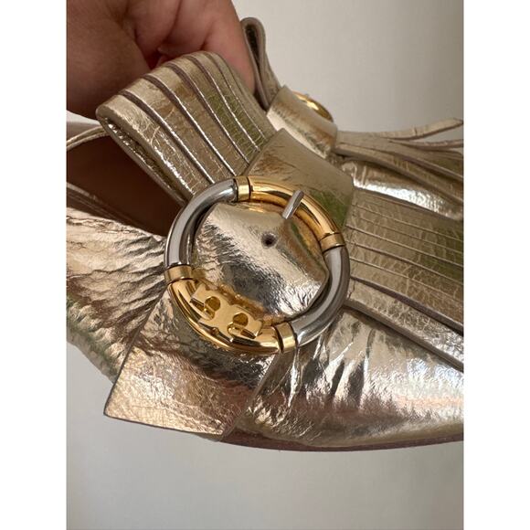 Tory Burch Multilogo Kiltie Fringe Metallic Gold Loafer Mule - US 5M - Picture 2 of 7
